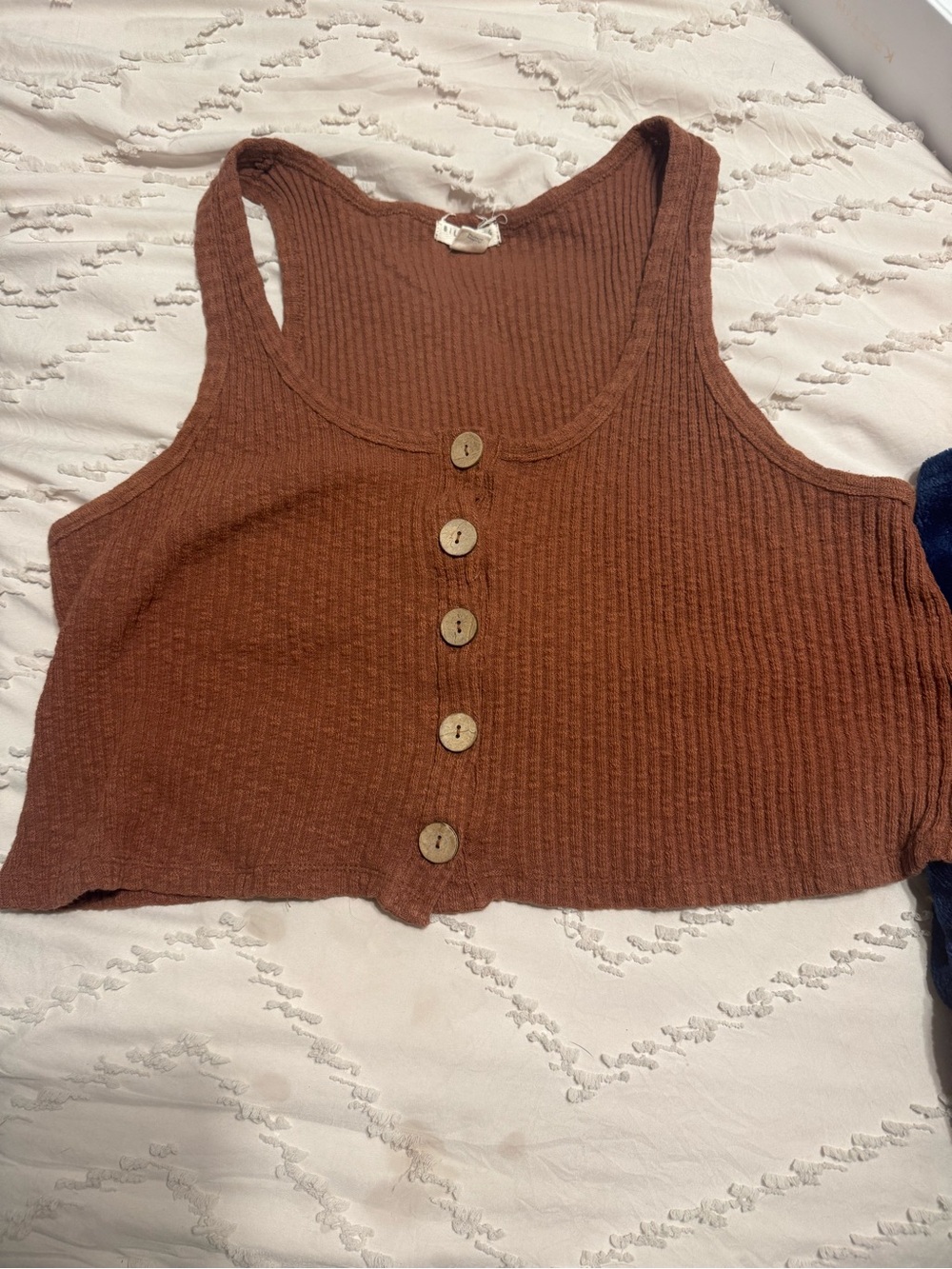Billabong Ribbed Button-Front Crop Tank Top - Chestnut Brown